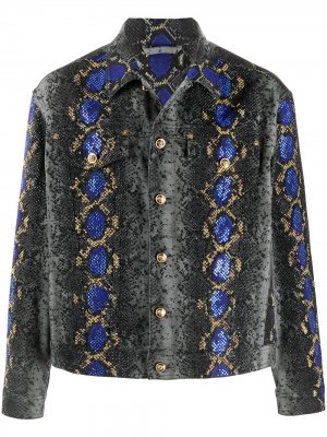 Джинсовая куртка со змеиным принтом Versace. Цвет: черный