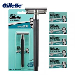 Бритва Gilltte Super Blue, лезвия для бритья из нержавеющей стали мужчин, уход за волосами на лице, опасная бритва, 1 держатель бритвы, лезвие + 5 лезвий Gillette