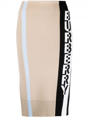 Трикотажная юбка миди с логотипом Burberry. Цвет: нейтральные цвета