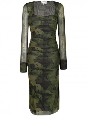 Сетчатое платье с принтом GANNI. Цвет: зеленый