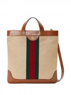 Большая парусиновая сумка-тоут Gucci. Цвет: коричневый
