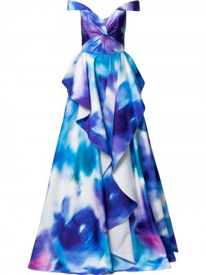 Вечернее платье с открытыми плечами и принтом Marchesa Notte. Цвет: синий