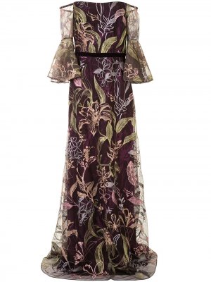 Платье с открытыми плечами и цветочной вышивкой Marchesa Notte. Цвет: фиолетовый