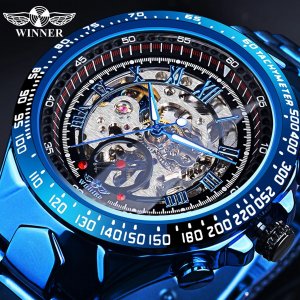 Мужские модные повседневные автоматические механические часы с синим циферблатом и вырезом WINNER