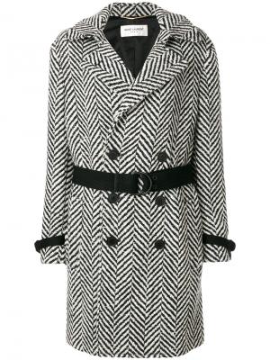 Пальто с узором и поясом Saint Laurent. Цвет: черный
