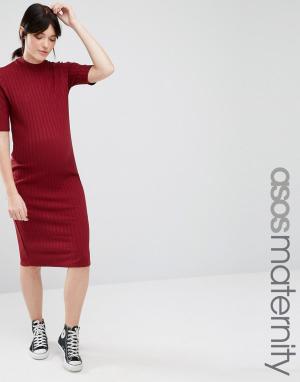 Облегающее платье миди для беременных в рубчик ASOS Maternity. Цвет: красный