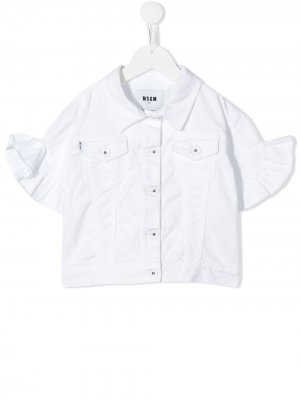 Джинсовая куртка с укороченными рукавами и оборками Msgm Kids. Цвет: белый