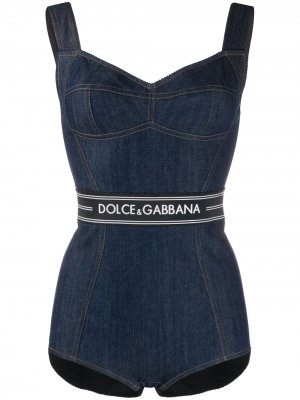 Джинсовое боди с логотипом Dolce & Gabbana. Цвет: синий