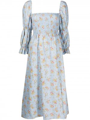 Платье миди с пышными рукавами и цветочным принтом Reformation. Цвет: синий