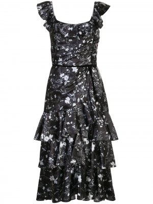Ярусное платье с цветочным принтом Marchesa Notte. Цвет: черный
