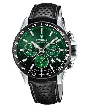 Festina Timeless Chronograph Leather Strap Green Dial Quartz F20561-5 100M Men s Watch