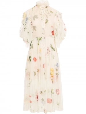 Полупрозрачное платье миди с цветочным принтом Oscar de la Renta. Цвет: нейтральные цвета