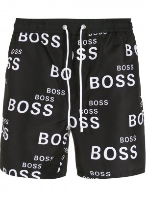 Плавки-шорты с кулиской и логотипом BOSS. Цвет: черный