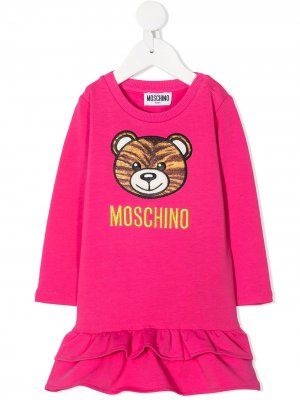 Платье с оборками и вышивкой Moschino Kids. Цвет: розовый