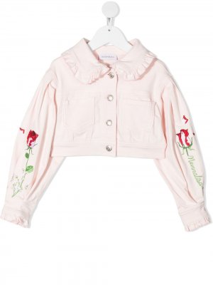 Укороченная джинсовая куртка с цветочной вышивкой Monnalisa. Цвет: розовый