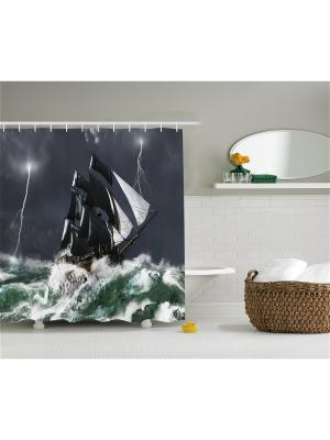 Фотоштора для ванной Корабль в бурном море, 180*200 см Magic Lady. Цвет: темно-синий, зеленый, серый