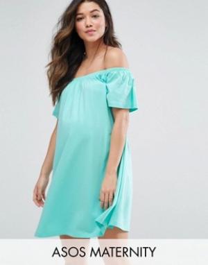 Платье мини для беременных с открытыми плечами ASOS Maternity. Цвет: зеленый