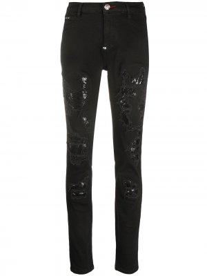 Декорированные джинсы с эффектом потертости Philipp Plein. Цвет: черный