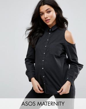 Черная джинсовая рубашка для беременных с вырезами на плечах ASOS MATERNITY. Цвет: черный