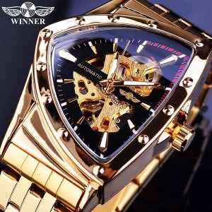 Мужские автоматические механические наручные часы  с треугольным скелетом, золотые и черные часы, роскошный ремешок из нержавеющей стали WINNER
