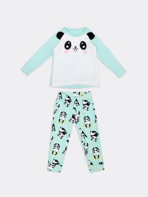 Пижама для девочек (лонгслив и брюки) в цвете ментол с изображением панды Mark Formelle. Цвет: ментол +панды на ментоле