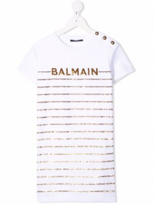 Полосатое платье-футболка с логотипом Balmain Kids. Цвет: белый
