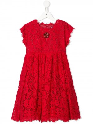 Платье из цветочного кружева с кристаллами Dolce & Gabbana Kids. Цвет: красный