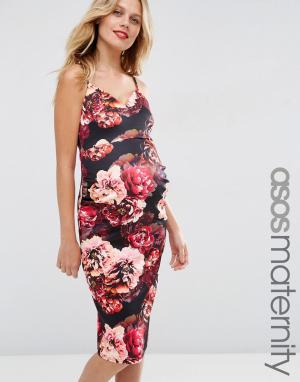 Платье миди для беременных с глубоким вырезом и цветочным принтом ASOS Maternity. Цвет: мульти