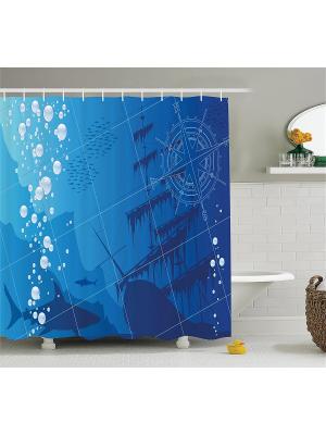 Фотоштора для ванной синяя Компас, обломки корабля, акулы, белые пузырьки воздуха Magic Lady. Цвет: синий, белый, голубой
