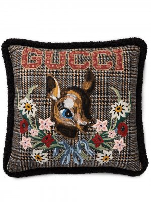Подушка с вышивкой Gucci. Цвет: коричневый
