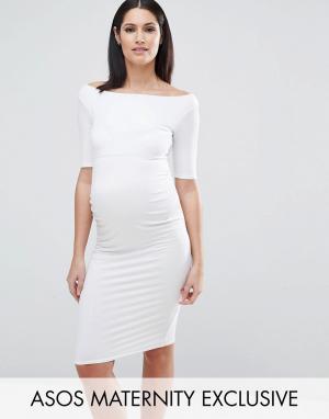 Платье с открытыми плечами для беременных ASOS Maternity. Цвет: белый